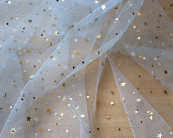 baby blue tulle fabric with stars moon sequins for dress, prop, party decors, kids dress, holiday dress, costume