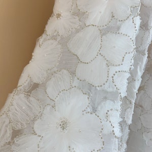 off white 3d flowers lace fabric for dress, sparkle bead 3d florals lace fabric for ball gown, costume, prop, backdrop