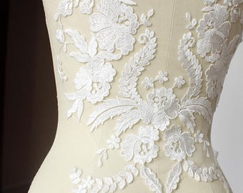 embroidered tulle lace applique with grace floral, bridal lace applique, delicate lace bodice for bridal dress,wedding bodice applique