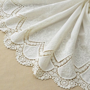 cotton lace fabric, embroidered cotton lace fabric, 100% cotton eyelet lace fabric with double motif, natural cotton lace with scallops