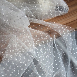 white tulle fabric with flocking velvet polka dots