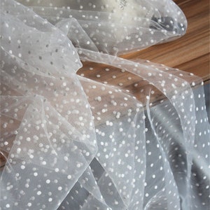 white tulle fabric with flocking velvet polka dots image 1