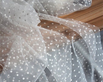 white tulle fabric with flocking velvet polka dots