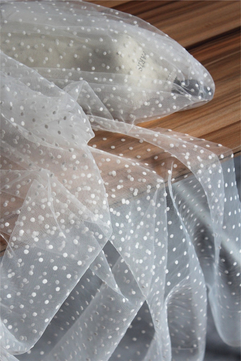 white tulle fabric with flocking velvet polka dots image 1