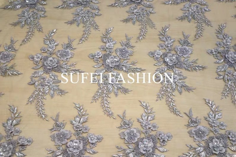 grey pearl beading lace fabric by the yard heavy bead lace fabric light blue French 3D lace fabric with 3d flowers