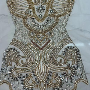 gold full body rhinestone bodice applique, handcrafted rhinestone corset applique for dress, rhinestone applique patch for prom
