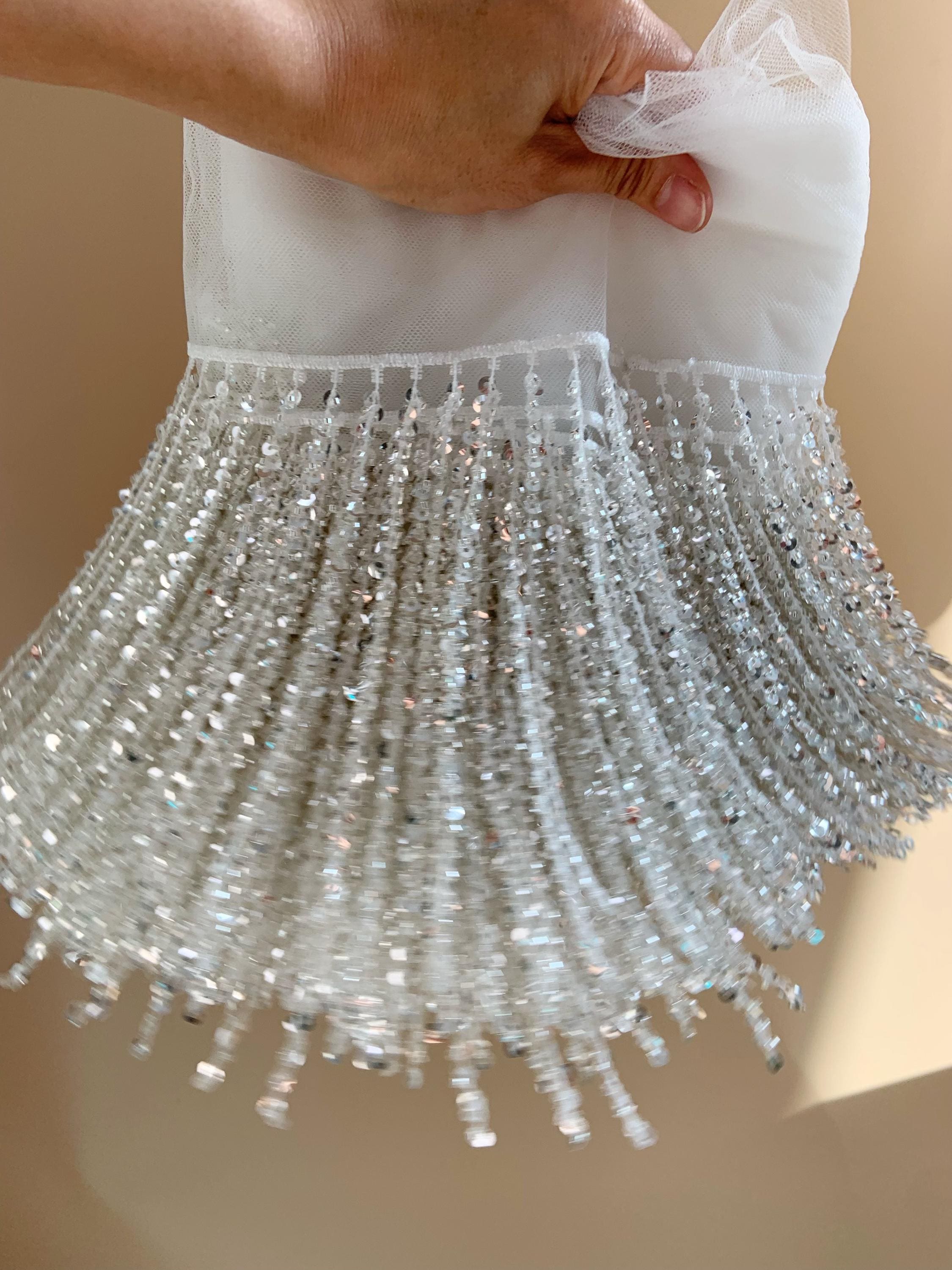 beaded fringe trim for dresses silver dance costume, sequined tassel fringe for latin dance wear macrame trimming tassel 15cm 0.22 inch / 5.5mm Feature: Water Repellent Red or Yellow Flamenco Color:66#-Light Blue