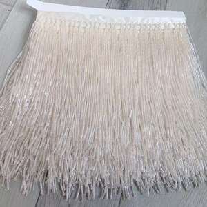finiture con frange di perline color crema per costumi di alta moda e danza, nappe con perline a tromba per abiti da ballo latino, nappe con rifiniture in macramè 15 cm