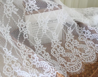 3 yards white soft Chantilly lace fabric with chains and checks, scalloped Chantilly lace fabric with florals for wedding dress, lingerie