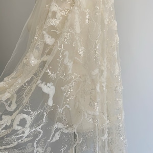 sequined and bead tulle lace fabric with 3d florals, sparkle embroidered tulle fabric for bridal dress, couture, evening dress, prom dress
