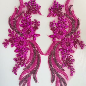 Hot pink hand crafted Rhinestone bead applique for dress and dance costume, french bead applique