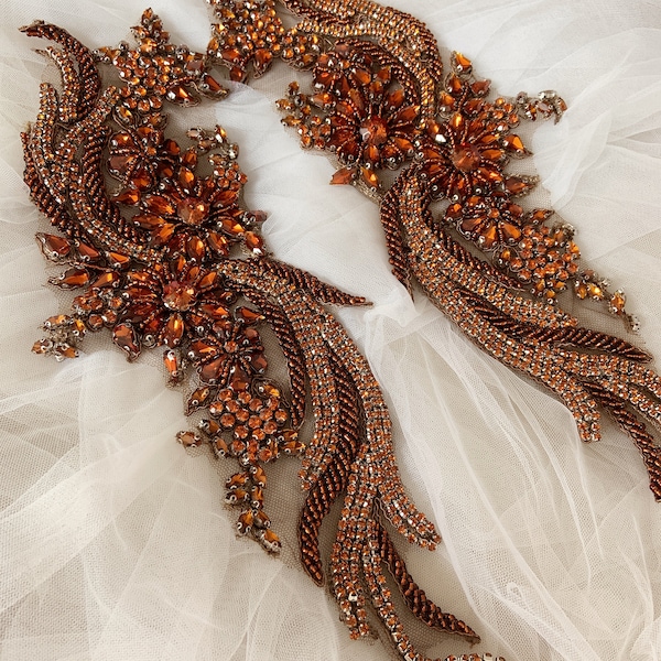 Applique de perle de strass fabriquée à la main brune pour la robe et le costume de danse, applique de perle français