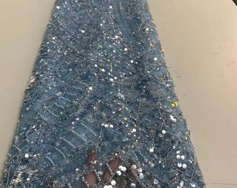 Light blue sequined lace fabric with beads, sparkle embroidered tulle fabric for costume, evening dress, prom dress