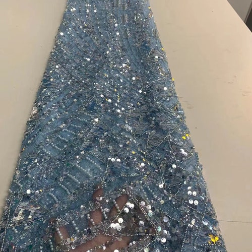 Light blue sequined lace fabric with beads, sparkle embroidered tulle fabric for costume, evening dress, prom dress