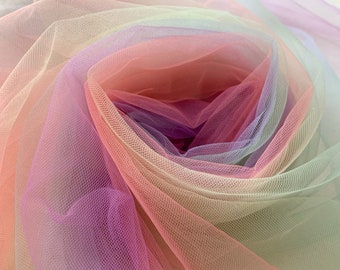 Tessuto in tulle con colore arcobaleno sfumato, tessuto in pizzo a rete multicolore
