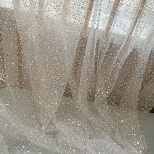 pearl bead Tulle lace fabric with sparkle sequins for wedding dress, gowns