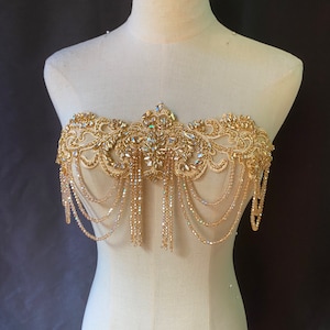 Gold Rhinestone applique with crystal chains for dress, dance costume, party dress, stage performance, body jewelry, rhinestone collar