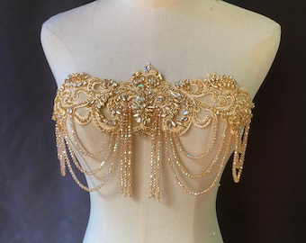 Champagne gold Rhinestone applique with crystal chains for dress, dance costume, party dress, stage performance, body jewelry