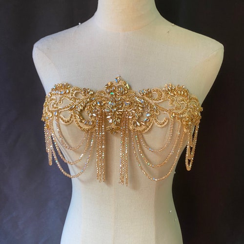 Champagner-gold Strassapplikation mit Kristallketten für Kleid, Tanzkostüm, Partykleid, Bühnenauftritt, Körperschmuck