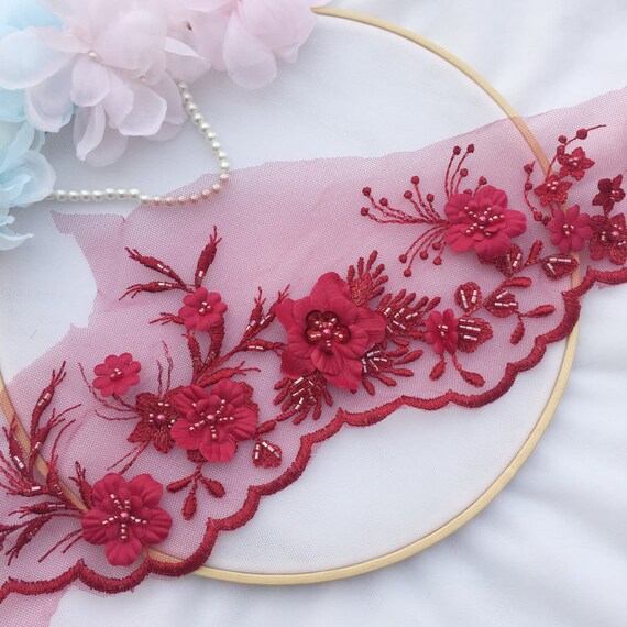 3d flower applique heavy bead lace applique 3D lace applique with rhinestones 3d wine red silk flower motif lace applique 3d floral