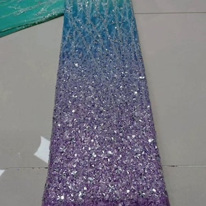 ombre aqua purple bead lace fabric with florals and branches for bridal dress, ball gown dress, prom dress, costume fabrics