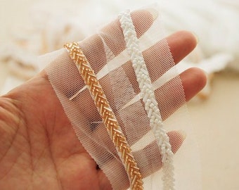 Gray Beaded Lace Trim, Rose Gold, Bridal Applique (5cm wide)