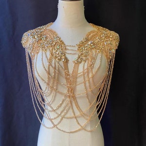 Gold Rhinestone applique with crystal chains for couture, crystal cape, dance costume, party dress, stage performance, body jewelry
