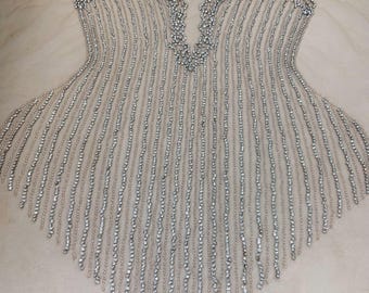 silver deep v Neckline rhinestone bodice applique, handcrafted rhinestone corset applique for dress, rhinestone applique patch for prom