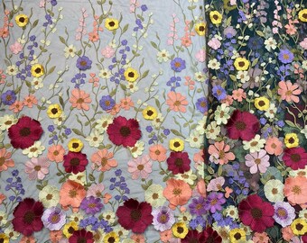 Colorful embroidered lace fabric with 3d flowers, Delicate Embroidery Lace Fabric with multi-color flowers for dress new arrival