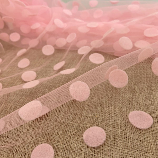 Pink tulle fabric with flocking polka dots