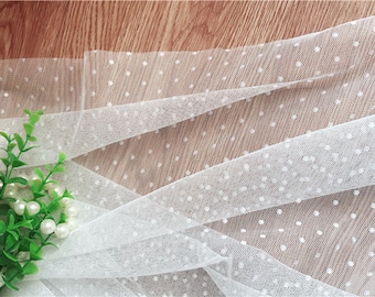 off white tulle fabric with polka dots, soft dotted mesh fabric by the yards