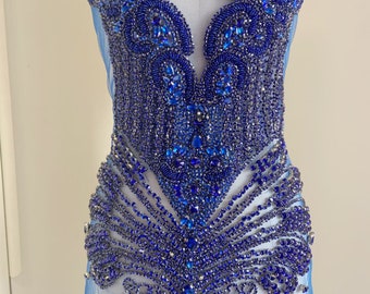 blue rhinestone bodice applique, handcrafted crystal corset applique, crystal applique for dress, rhinestone applique for prom