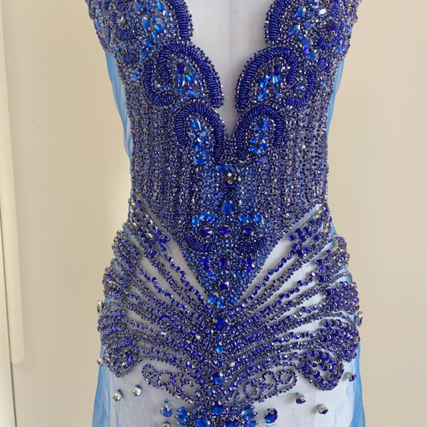 blue rhinestone bodice applique, handcrafted crystal corset applique, crystal applique for dress, rhinestone applique for prom