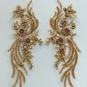champagne gold hand crafted Rhinestone bead applique for dress and dance costume, french bead applique