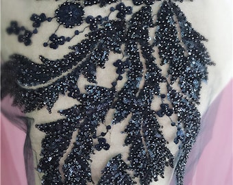 Large navy blue lace applique, heavy bead lace applique, 3d floral, 3d flower applique