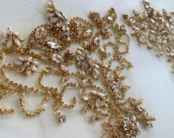 Champagne gold handcrafted Rhinestone applique for dress, dance costume, corset, french bead bodice applique