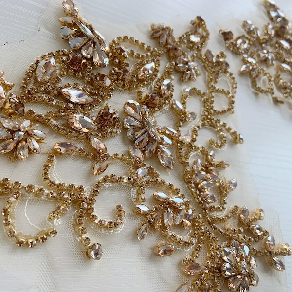 Champagne gold handcrafted Rhinestone applique for dress, dance costume, corset, french bead bodice applique