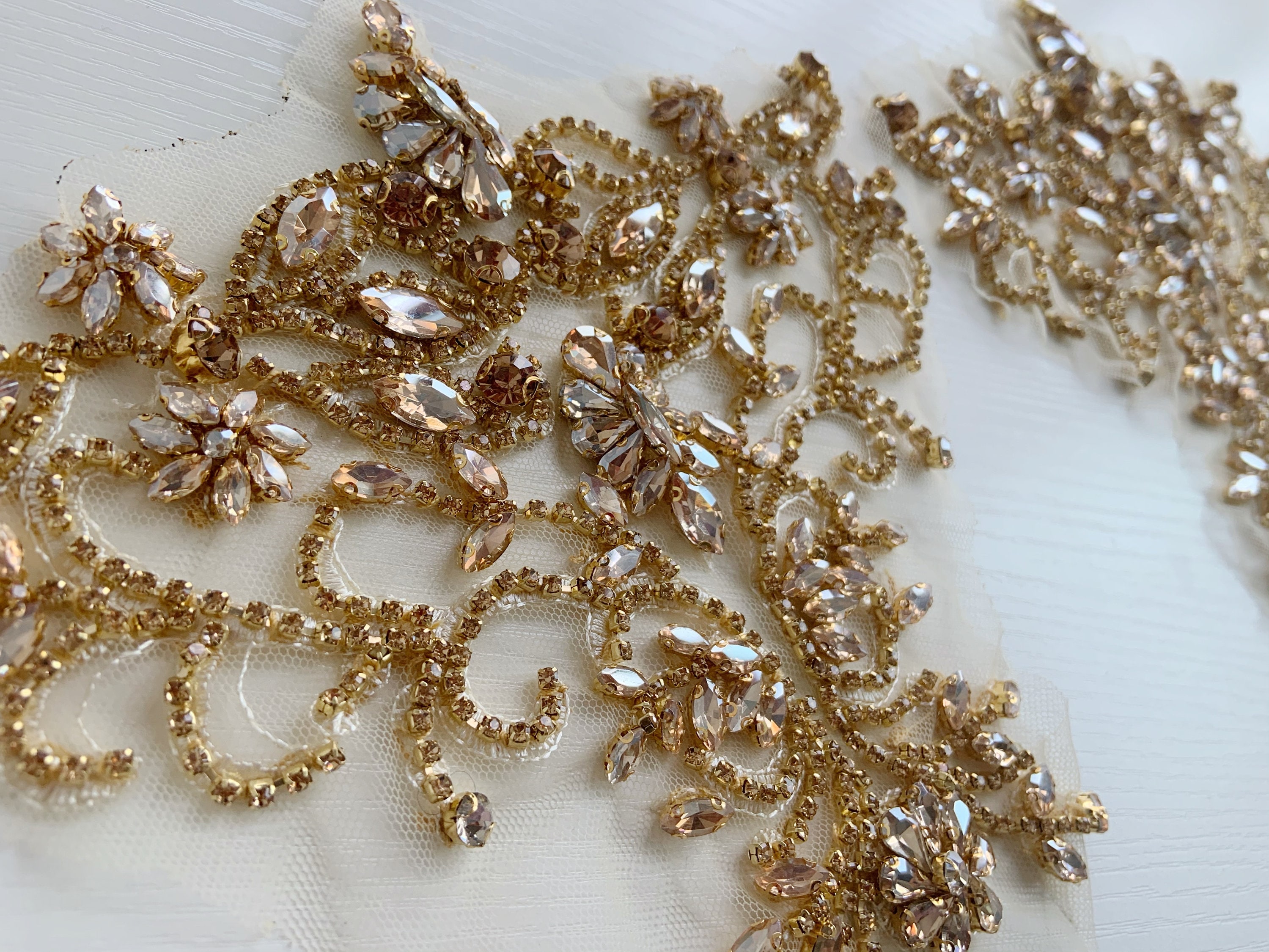 Champagne gold handcrafted Rhinestone applique for dress, dance costume, corset, french bead bodice applique