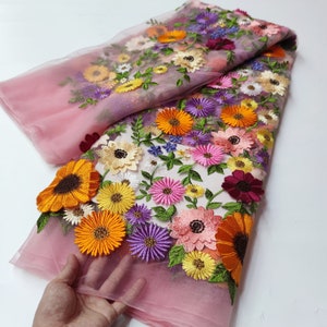 rosa bestickter Tüll Spitzenstoff für Kleid, 2022 beliebt jetzt Zarte Stickerei Spitze Stoff mit 3D Blumen für Rock Bild 1