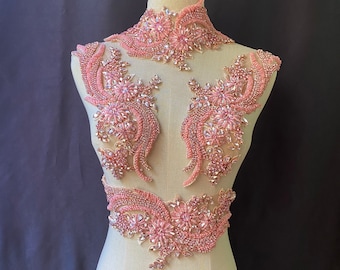 new pink handcrafted Rhinestone bead applique for dress and dance costume, rhinestone bodice