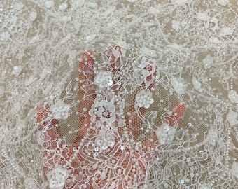 white bead chantilly lace fabric for wedding dress, couture, bridal gown, veil