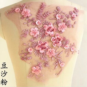 pink lace applique, 3D heavy bead lace applique with pearls, 3D flower lace applique, heavy embroidered tulle lace applique