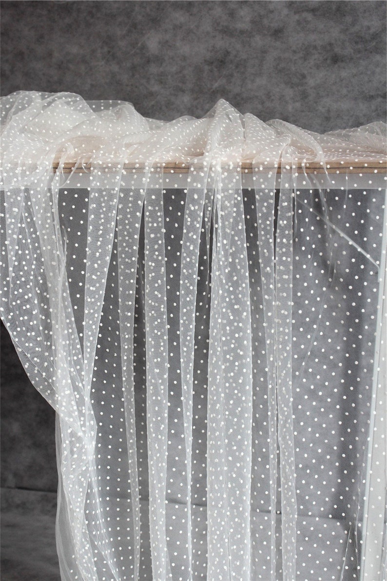 white tulle fabric with flocking velvet polka dots image 4