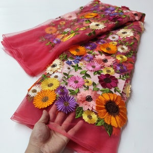 rosa bestickter Tüll Spitzenstoff für Kleid, 2022 beliebt jetzt Zarte Stickerei Spitze Stoff mit 3D Blumen für Rock Bild 4