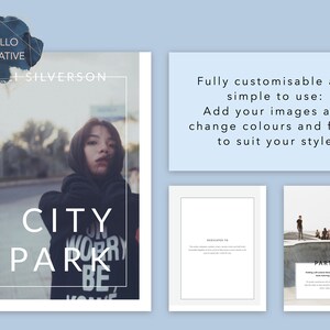 May include: A white and black photo book mockup with the text "CITY PARK" in a white sans-serif font. The book is open to a page with a photo of a young woman wearing a black hoodie with the text "DON'T WORRY BE" on it. The book is on a light blue background.