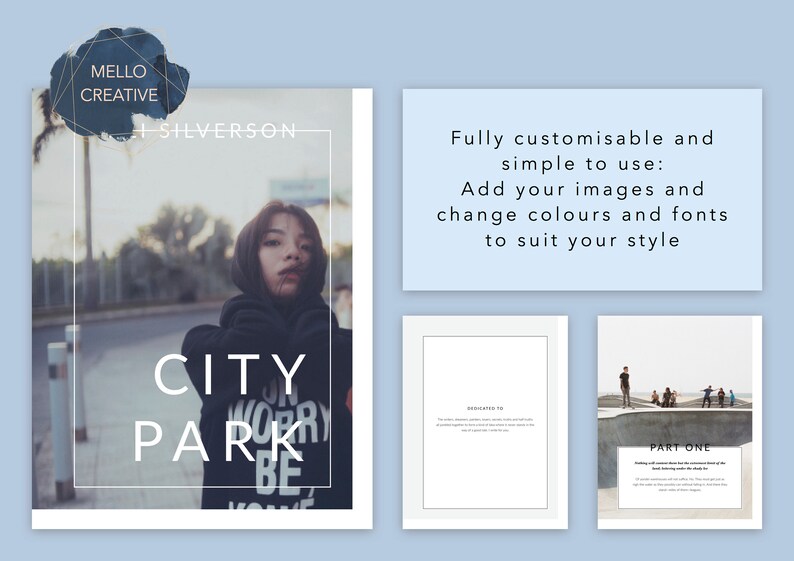 May include: A white and black photo book mockup with the text "CITY PARK" in a white sans-serif font. The book is open to a page with a photo of a young woman wearing a black hoodie with the text "DON'T WORRY BE" on it. The book is on a light blue background.