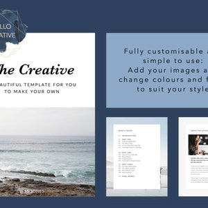 May include: A digital product mockup featuring a white cover with the text "The Creative" and a blue watercolor background. The text "A beautiful template for you to make your own" is also included. The cover is displayed on a blue background with a text box that reads "Fully customizable and simple to use: Add your images and change colors and fonts to suit your style."