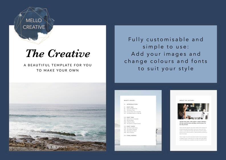 May include: A digital product mockup featuring a white cover with the text "The Creative" and a blue watercolor background. The text "A beautiful template for you to make your own" is also included. The cover is displayed on a blue background with a text box that reads "Fully customizable and simple to use: Add your images and change colors and fonts to suit your style."