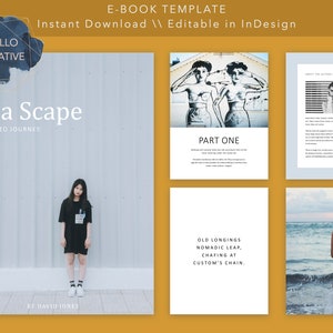 May include: A digital e-book template with a blue and white color scheme. The cover features a woman standing in front of a gray wall. The title of the book is "Sea Scape: A Guided Journey". The text "Part One" is visible on a white page. The text "Old Longings Nomadic Leap, Chafing at Custom's Chain." is visible on a white page. The text "About the Author" is visible on a light blue page. The text "Mello Creative" is visible on a blue and white watercolor background.