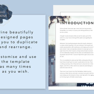 May include: A blue and gold watercolour design with the text "MELLO CREATIVE" in white. The text "Nine beautifully designed pages for you to duplicate and rearrange." is below the design. The text "Customise and use the template as many times as you wish." is below that. The right side of the image shows a page from a book with the title "INTRODUCTION" and text about the author's travels.
